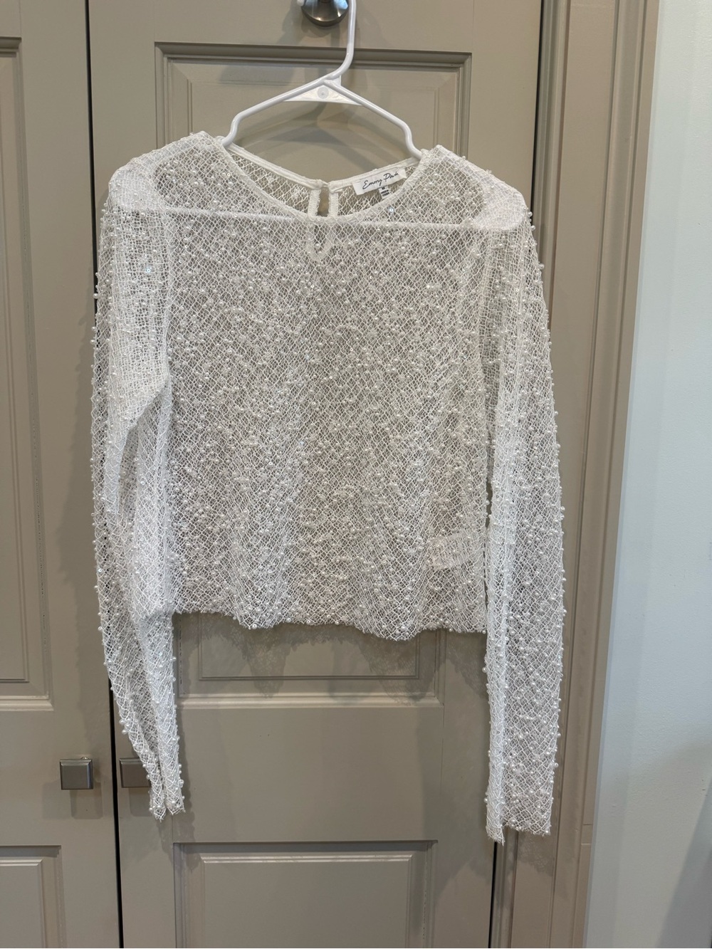 emory park White Beaded Long-Sleeve Mesh Top- Size Medium